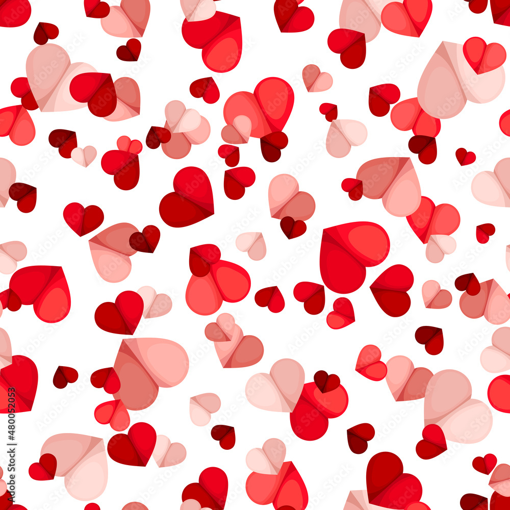 Vector Valentine’s Day seamless pattern with small red and pink hearts on a white background.