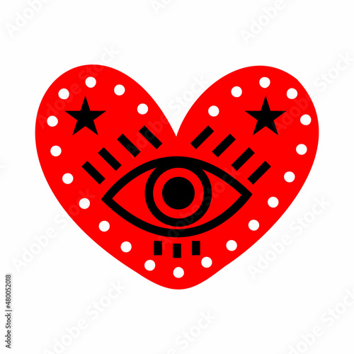 Red heart with eye. Romantic icon for Valentines Day. Vector illustration