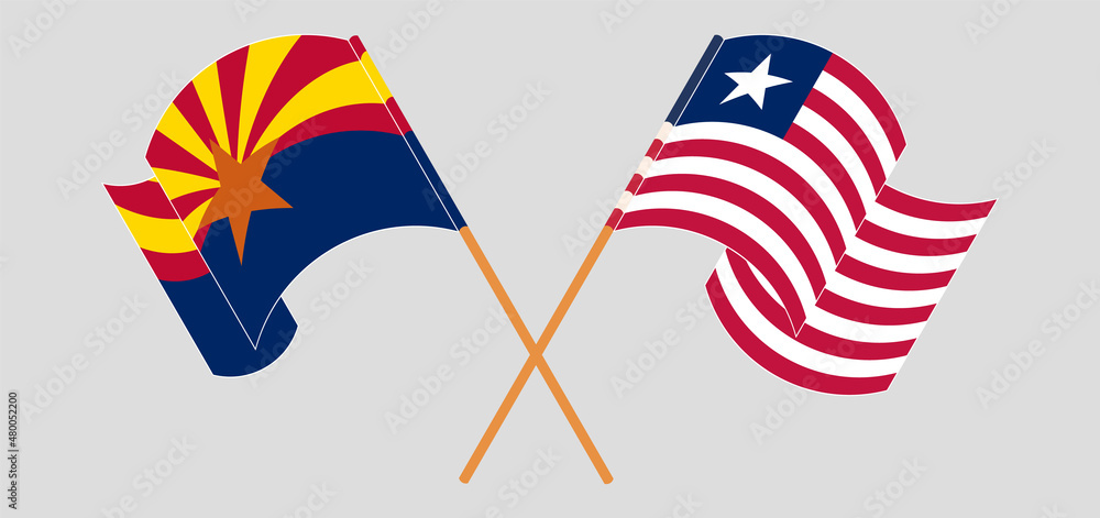 Crossed and waving flags of the State of Arizona and Liberia