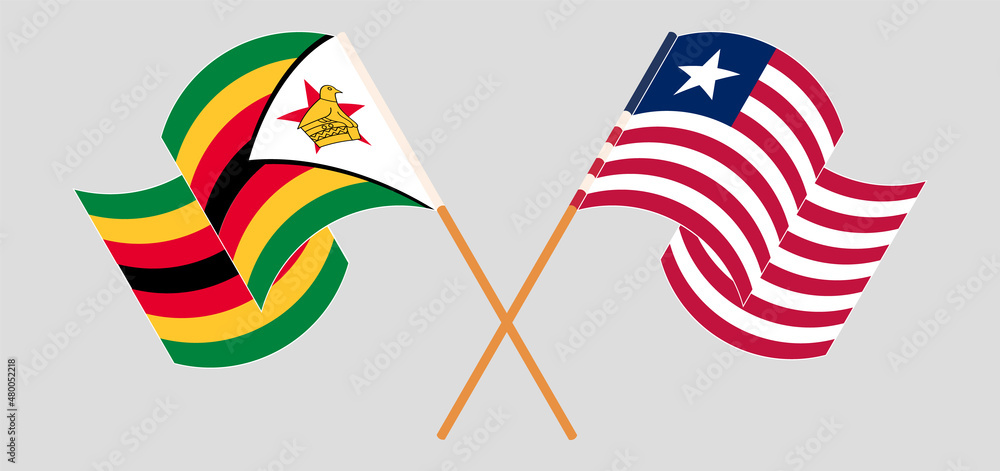 Crossed and waving flags of Zimbabwe and Liberia Crossed and waving flags of Zimbabwe and Liberia