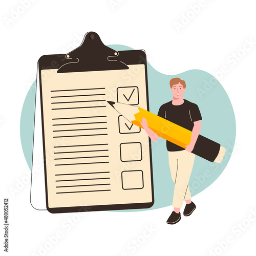 Business man holding giant pencil looking at completed checklist on clipboard marking tasks. Concept of effective daily planning and time management. Vector illustration web banner or ui character