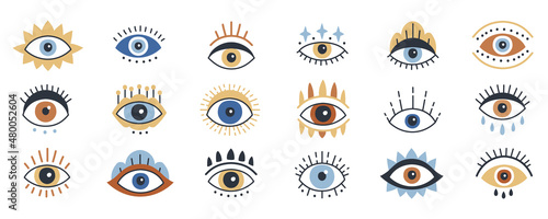 Evil Eye, Hamsa, Hand of Fatima. Set of evil, ra, turkish, greek and esoteric eye different shapes. Hand drawn various talismans. Flat design. Contemporary modern trendy vector illustration.