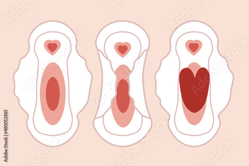 Menstruation hygiene.Female period products -hygienic pad with menstrual blood in the form of heart. Feminine menstrual care illustration. Menstrual period. Feminism. Gender equality. Vector graphics