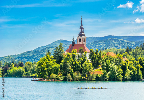 Amazing view of Julian Alpsa and lake Bled with St. Marys Church, Slovenia