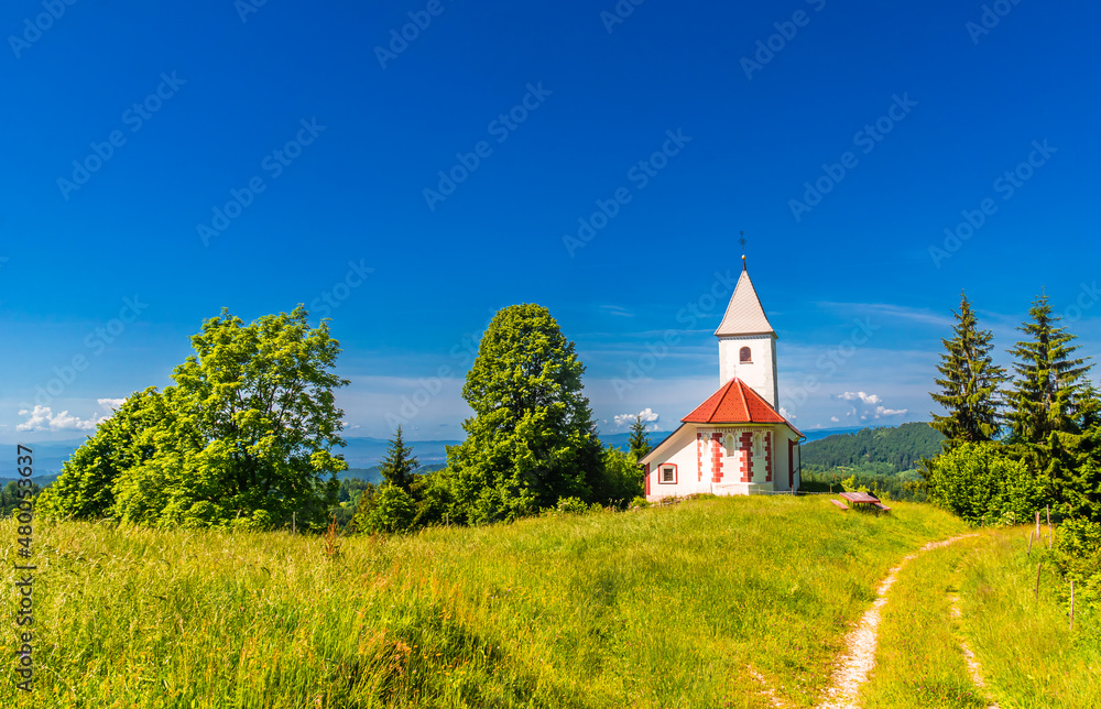 Little white church in Slovenian countryside among lush green summer landscape and blue sky