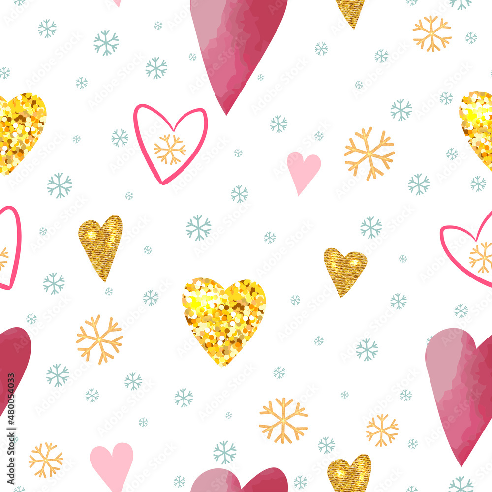Love Valentine Day, Golden Hearts and Snowflakes. Love Valentine Day. Holiday Christmas Print