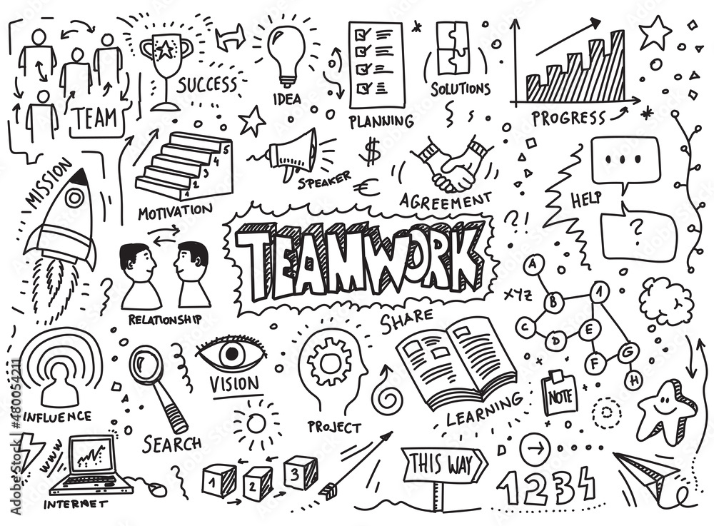 Teamwork vector hand drawn doodles set on white background