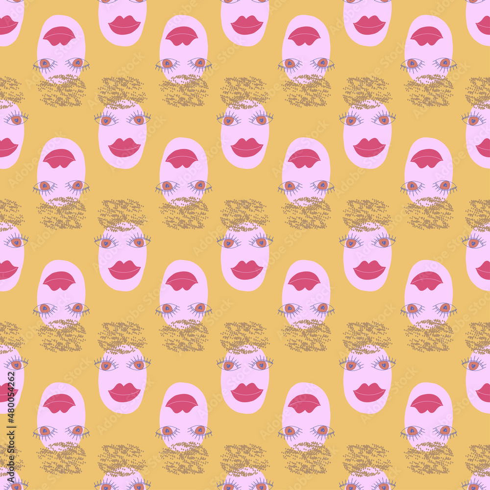 Decorative romantic style print with cute faces. Seamless pattern. Vector design for scrapbooking, wrapping paper, wallpaper, fabric, covers, manufacturing, stationery.