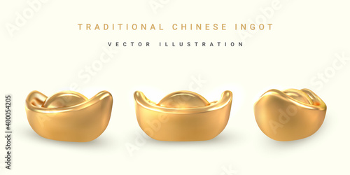 3d Traditional Chinese gold ingot. Asian traditional element. Vector illustration