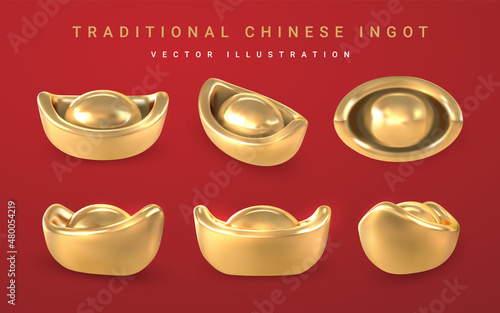 3d Traditional Chinese gold ingot. Asian traditional element. Vector illustration