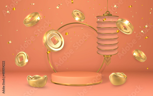 Happy Chinese New Year. Stage for product on cylinder podium with Chinese festivals shine lanterns, gold coins and ingots. Asian traditional elements. Vector illustration