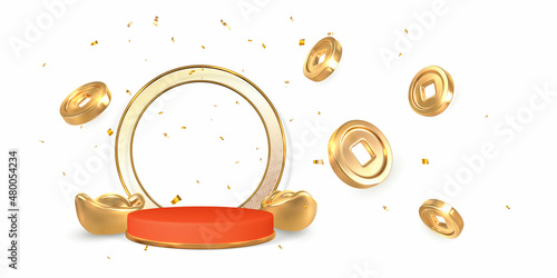 Happy Chinese New Year. Stage for product on cylinder podium with Chinese festivals shine lanterns and gold coins. Asian traditional elements. Vector illustration