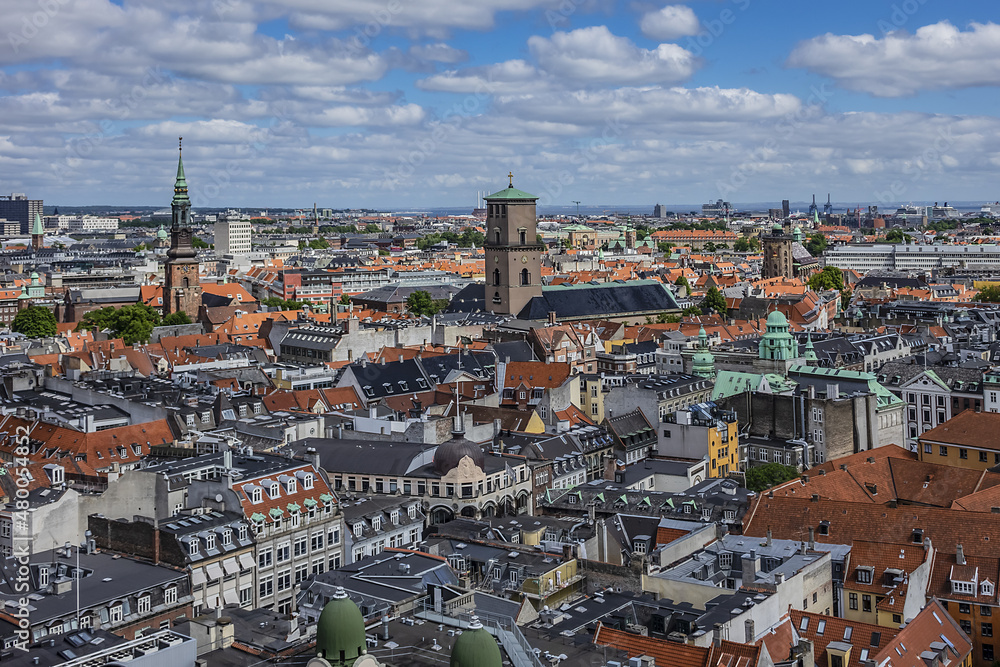 Panoramic view of Copenhagen city in sunny day from the City hall tower. Copenhagen, Denmark.