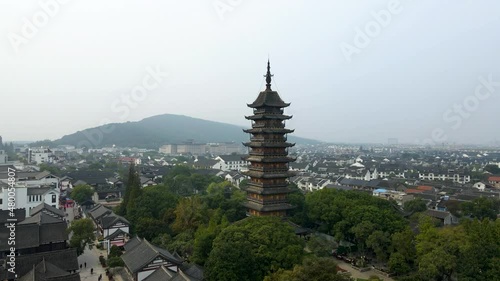 Aerial photography of ancient buildings of Fangsi Pagoda Garden in downtown Changshu photo