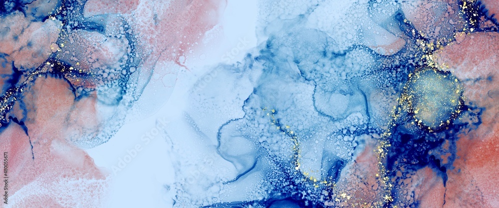 Fototapeta premium Orange and blue abstract illustration, wave smoke structure, original fluid abstract background made with alcohol ink texture, minimal modern watercolour painting, graphic for brochure or book cover 