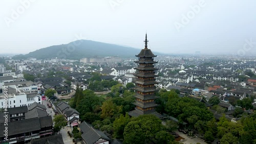 Aerial photography of ancient buildings of Fangsi Pagoda Garden in downtown Changshu photo