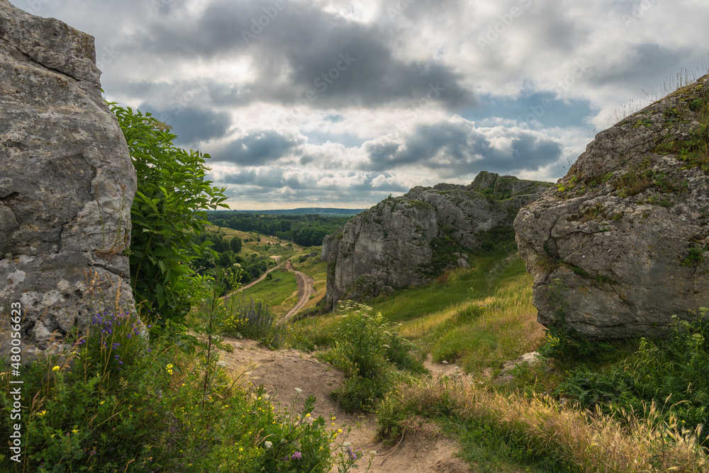 The picturesque landscape of Jurassic limestone rock outcrops in Polish Jura, Olsztyn, Silesian Voivodeship, Poland