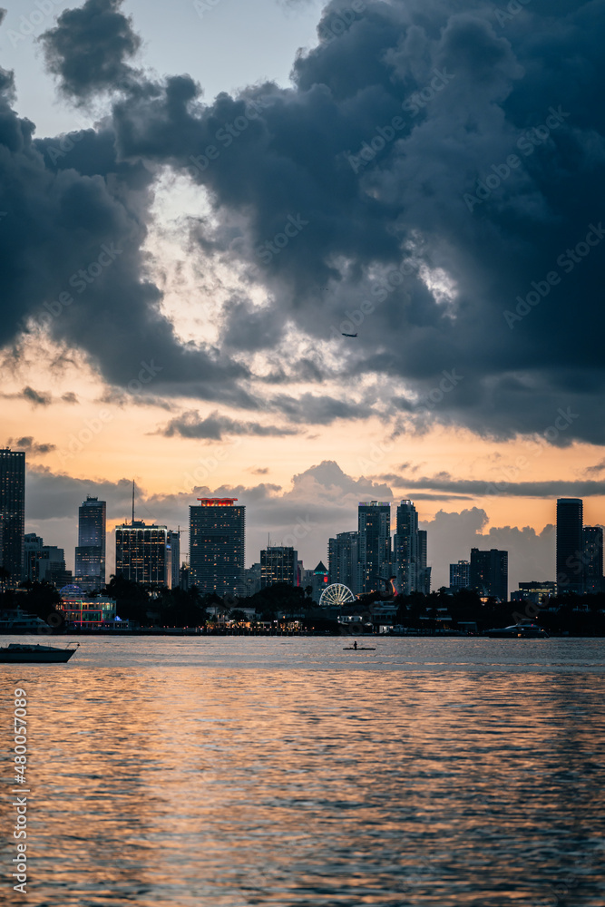 miami city skyline at sunset florida usa sky clouds panorama downtown sea 