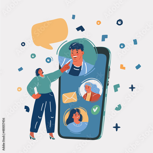 Vector illustration of woman with big giant smartphone with video call to another people Chat via mobile app. Video communication concept