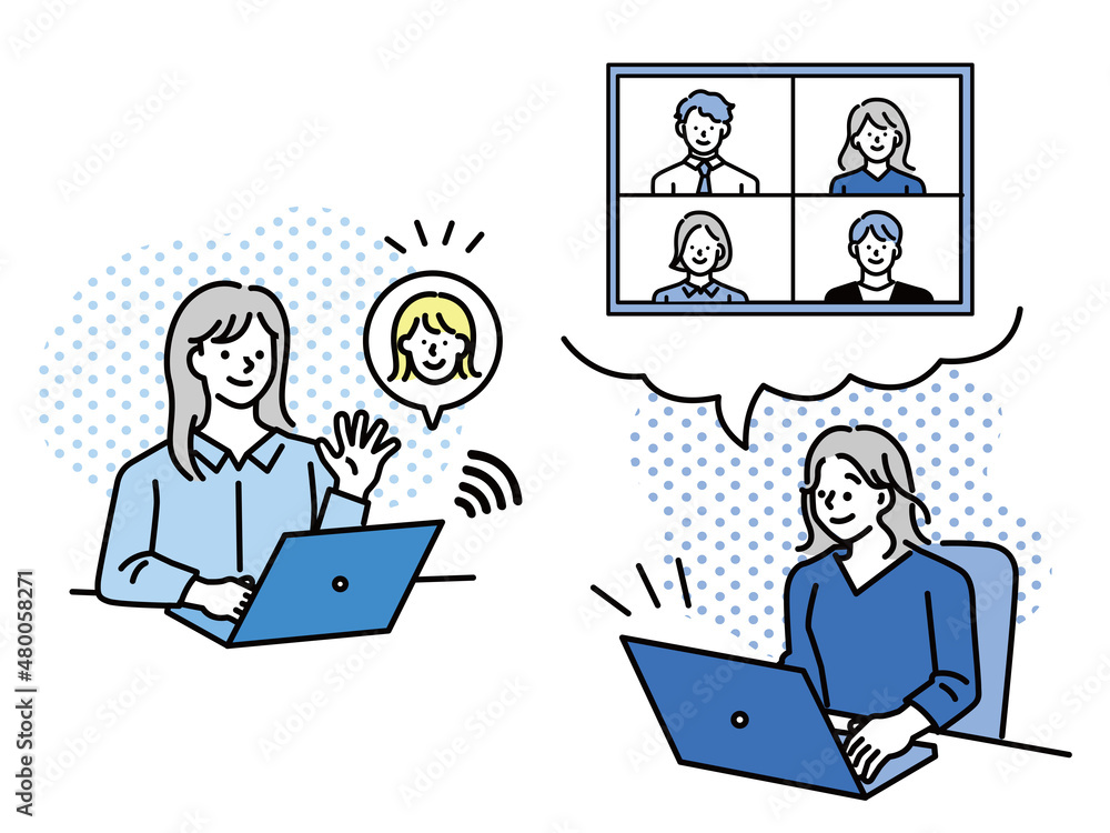 オンライン会議のイラスト(テレワーク、パソコン、ミーティング) An illustration of an online conference.Telework, computers, meetings. オンライン会議のイラスト(テレワーク、パソコン、ミーティング) An illustration of an online conference.Telework, computers, meetings.