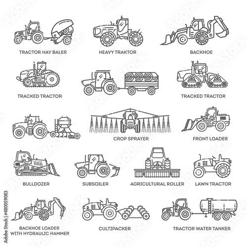 Set line icons of tractors. The set of Agricultural machinery. photo