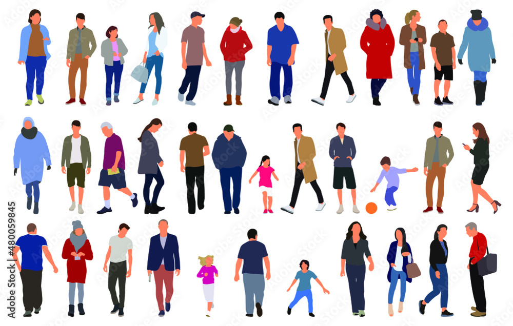 Cartoon men and women walking outdoors in the city. Flat colorful vector illustration
