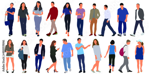 Cartoon men and women walking outdoors in the city. Flat colorful vector illustration
