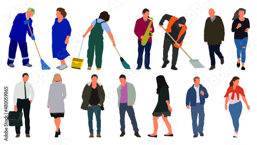 Cartoon men and women walking outdoors in the city. Flat colorful vector illustration

