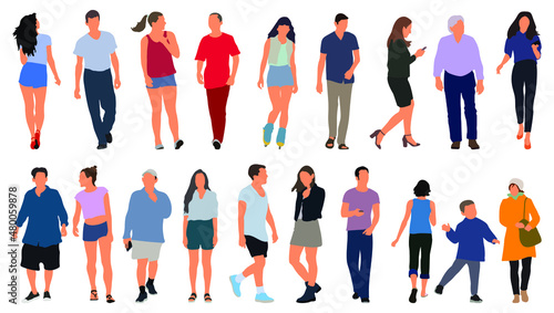 Cartoon men and women walking outdoors in the city. Flat colorful vector illustration
