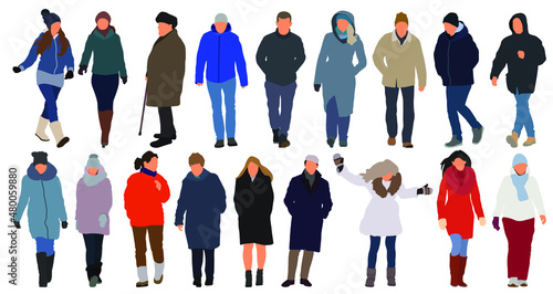 Cartoon men and women walking outdoors in the city. Flat colorful vector illustration
