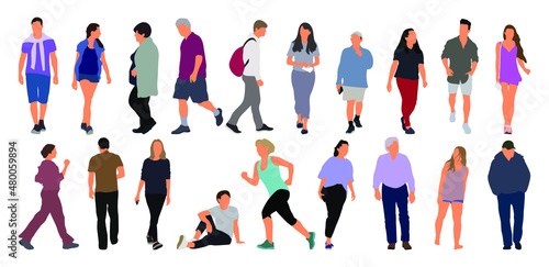 Cartoon men and women walking outdoors in the city. Flat colorful vector illustration
