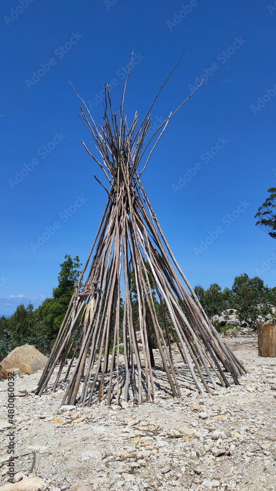The Patio das Cabanas (Huts Courtyard) in Vila Cha, Esposende, Portugal. Wooden stick hut house, looking like Indian tepee with a beautiful panorama view towards the Portuguese coastline. The Patio das Cabanas (Huts Courtyard) in Vila Cha, Esposende, Portugal. Wooden stick hut house, looking like Indian tepee with a beautiful panorama view towards the Portuguese coastline.