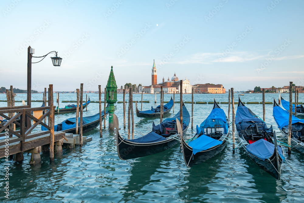 View of the island San Giorgio Maggiore with gondolas, Venice, Italy