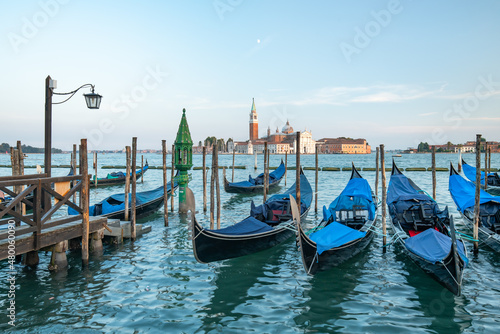 View of the island San Giorgio Maggiore with gondolas, Venice, Italy