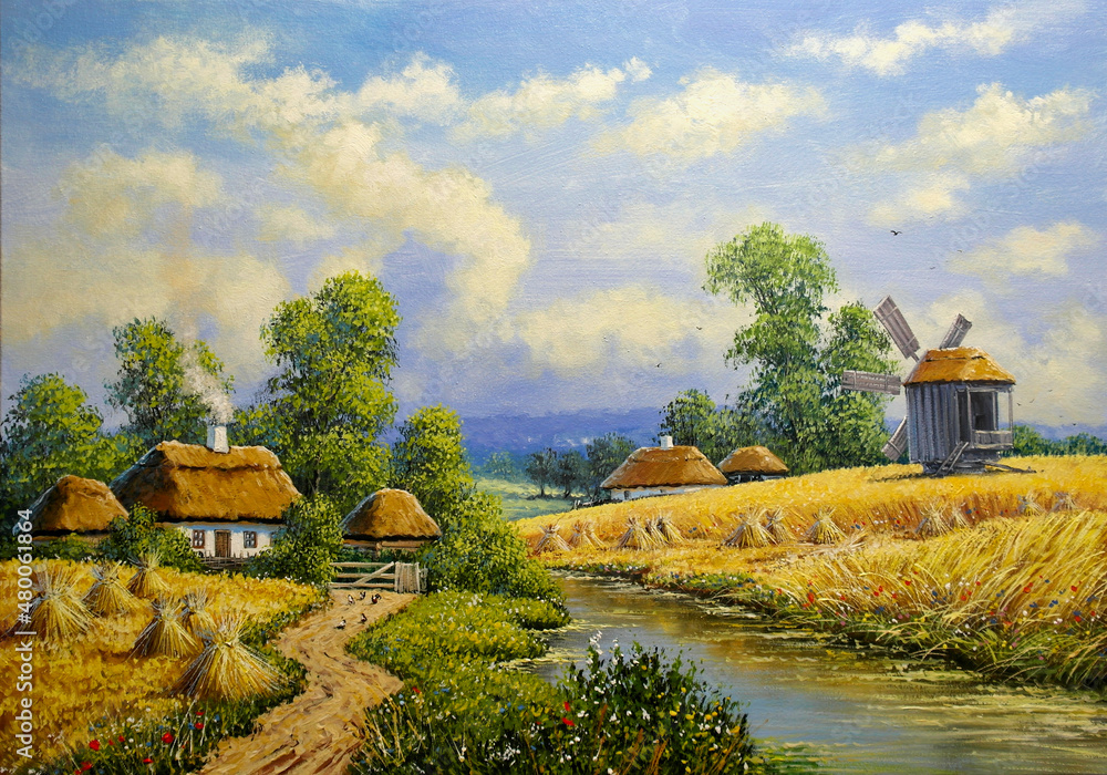 Oil paintings rural landscape, old village,  landscape in the village. Fine art, old farm house in the countryside
