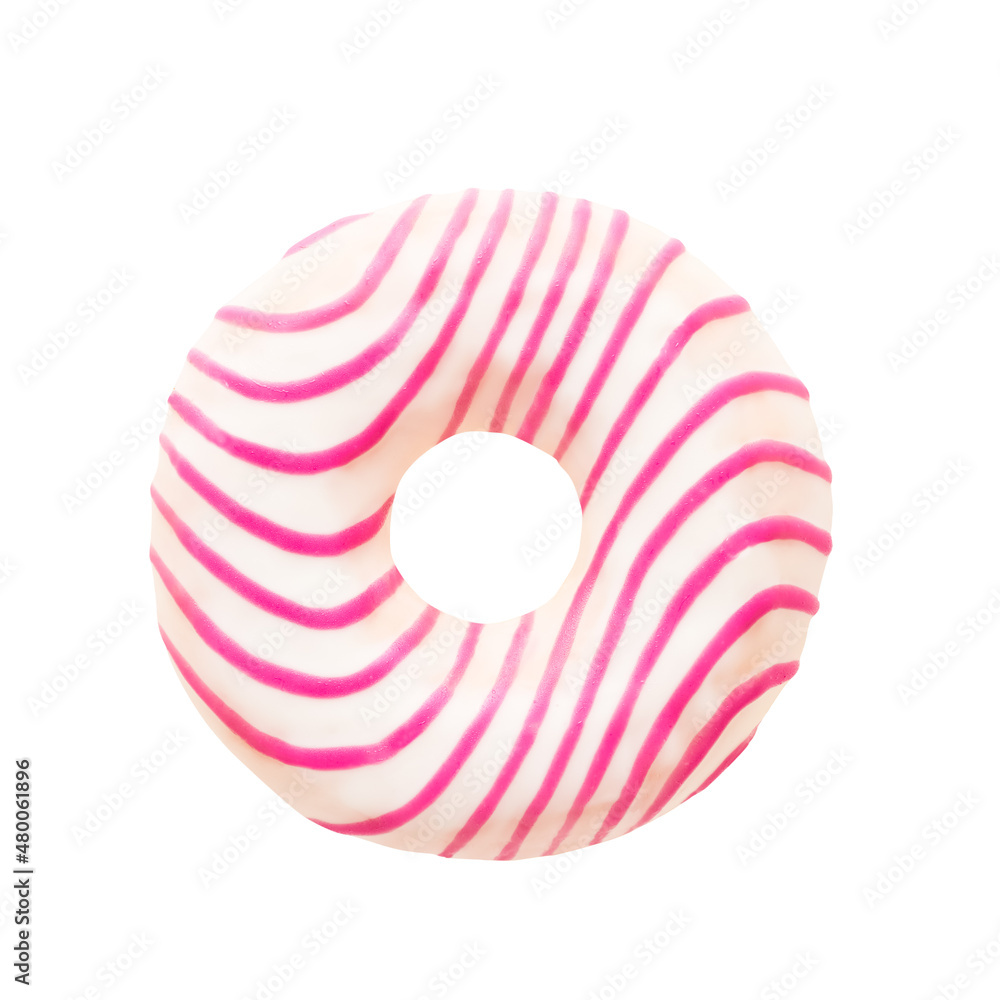 Donut in white glaze with pink stripes isolated over white background with clipping path