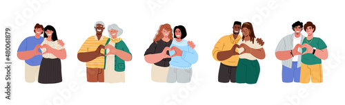 Different couples in love,guy,seniors,race,gender.Making love shape with hands