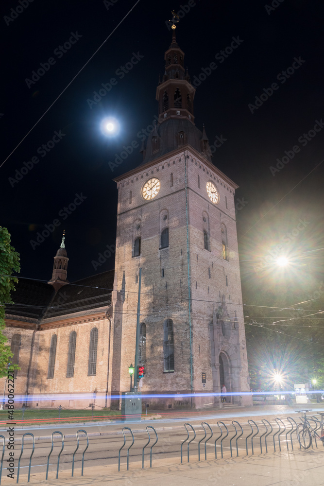 Night view on Oslo Cathedral in Oslo, Norway.