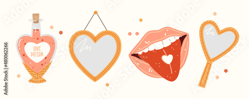 Valentine's Day set. Two heart-shaped mirrors, open mouth with pink lips and tongue sticking out, love potion