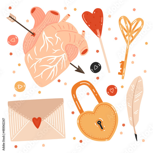 St. Valentine's Day set. Key, heart-shaped lock, candies, quill, envelope and human heart pierced with arrow