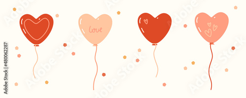 St. Valentine's Day set. Four heart shaped balloons and colorful confetti