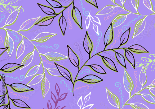 Spring violet Background. Colorful branches with leaves. Line art illustration. Provence Backdrop. Green  white  blue  brown and black vintage leaf