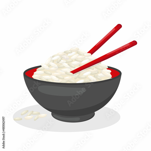 Rice bowl with chopsticks. Vector stock illustration isolated on white background for packaging, menu design Asian cuisine. Realistic traditional dish in cartoon style. 