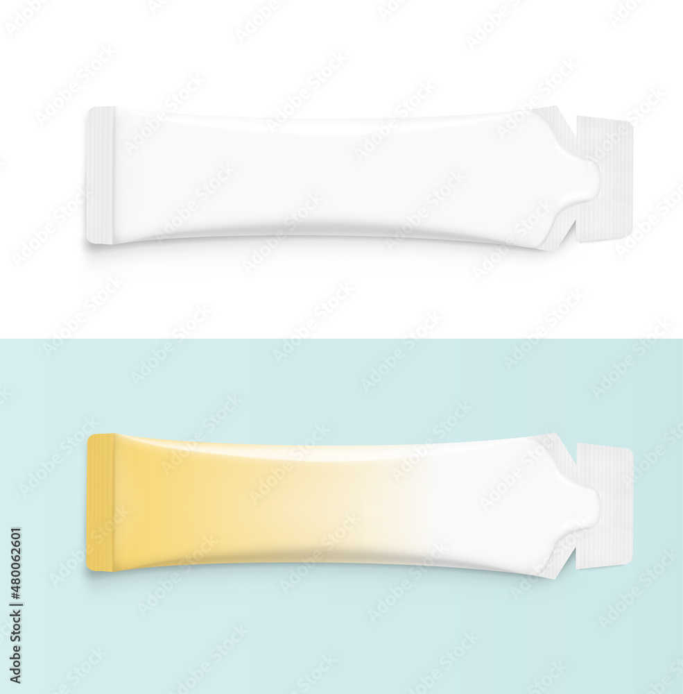 Figure sachet mockup with example. Vector illustration isolated on white background. Easy to use for food, medical, cosmetic and etc. EPS10. Figure sachet mockup with example. Vector illustration isolated on white background. Easy to use for food, medical, cosmetic and etc. EPS10.