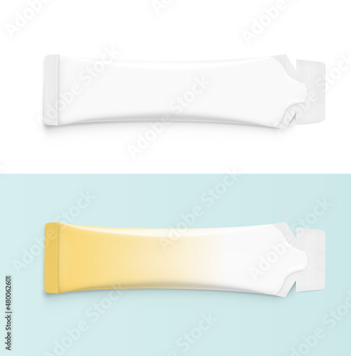 Figure sachet mockup with example. Vector illustration isolated on white background. Easy to use for food, medical, cosmetic and etc. EPS10.	