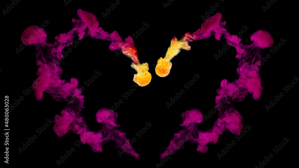 Fiery heart, 3d render. Heart-shaped flame on a black background. Fire with pink smoke