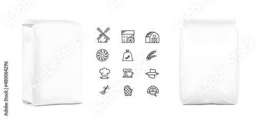 High realistic clean vertical bag mockup with icons. Perspective and front view. Vector illustration isolated on white background. Easy to use for presentation your product, idea, promo, design.	