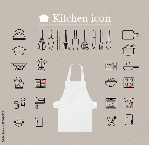 Kitchen icon set with apron. Set of sign for detailed guideline. Vector elements on a white background. Ready for your design. EPS10.