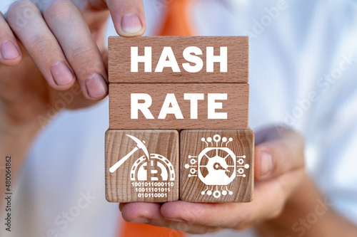 Concept of crypto currency hash rate computing technology. Bitcoin BTC hash rate has increase. Mining power has grown. photo