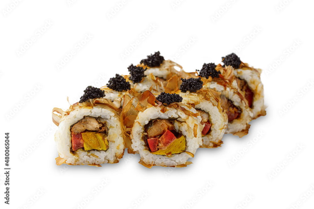 Sushi roll with eel, omelet, tomato and caviar. Isolated on white background Sushi roll with eel, omelet, tomato and caviar. Isolated on white background